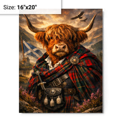 Scottish Highland cow in Jacobite tartan metal print on a plain backdrop in size 16"x20".