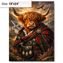Scottish Highland cow in Jacobite tartan metal print on a plain backdrop in size 18"x24".