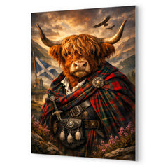 Scottish Highland cow in Jacobite tartan metal print mockup
