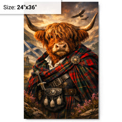 Scottish Highland cow in Jacobite tartan metal print on a plain backdrop in size 24"x36".