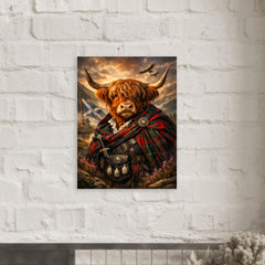 Scottish Highland cow in Jacobite tartan metal print mockup
