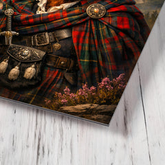Scottish Highland cow in Jacobite tartan metal print mockup