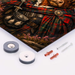 Scottish Highland cow in Jacobite tartan metal print mockup