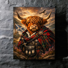 Scottish Highland cow in Jacobite tartan metal print mockup