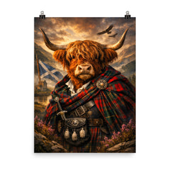 Scottish Highland cow in Jacobite tartan poster on a plain backdrop in size 8"x10".