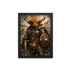 Scottish Highland cow laird in tartan armor framed print on a plain backdrop in size 12"x16".