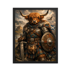 Scottish Highland cow laird in tartan armor framed print on a plain backdrop in size 16"x20".