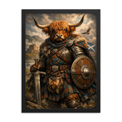 Scottish Highland cow laird in tartan armor framed print on a plain backdrop in size 18"x24".