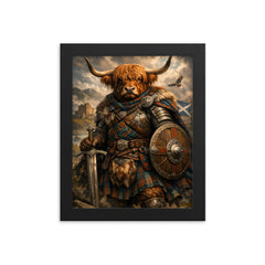 Scottish Highland cow laird in tartan armor framed print on a plain backdrop in size 8"x10".