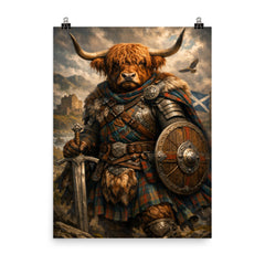 Scottish Highland cow laird in tartan armor poster on a plain backdrop in size 8"x10".