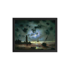 Sea Coast at Night Near the Beacon by Ivan Aivazovsky framed print on a plain backdrop in size 12"x16".