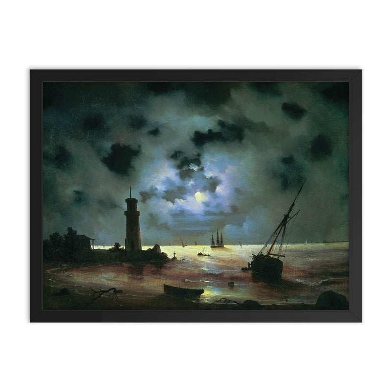 Sea Coast at Night Near the Beacon by Ivan Aivazovsky framed print on a plain backdrop in size 18