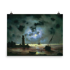 Sea Coast at Night Near the Beacon by Ivan Aivazovsky poster on a plain backdrop in size 8"x10".