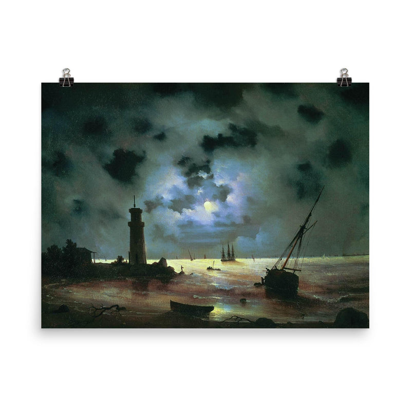 Sea Coast at Night Near the Beacon by Ivan Aivazovsky poster on a plain backdrop in size 8