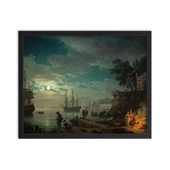 Seaport by Moonlight by Claude Joseph Vernet, 1771 framed print on a plain backdrop in size 16"x20".