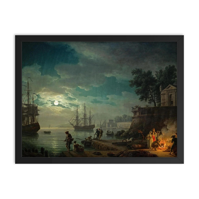 Seaport by Moonlight by Claude Joseph Vernet, 1771 framed print on a plain backdrop in size 18