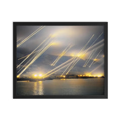 Searchlights and Anti-Aircraft Guns Over Gibraltar, November 20, 1942 framed print on a plain backdrop in size 16"x20".