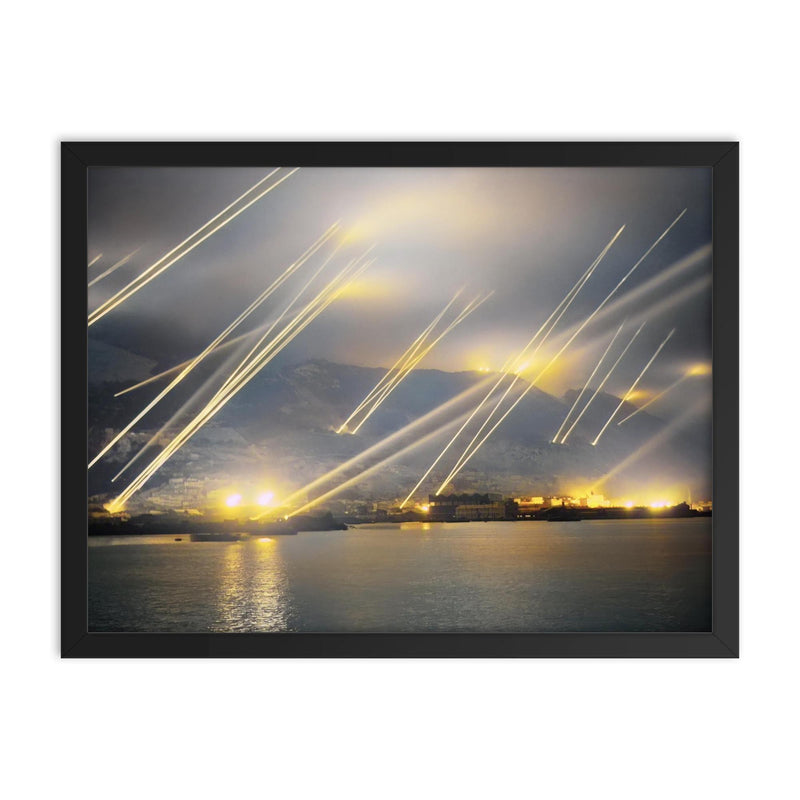 Searchlights and Anti-Aircraft Guns Over Gibraltar, November 20, 1942 framed print on a plain backdrop in size 18