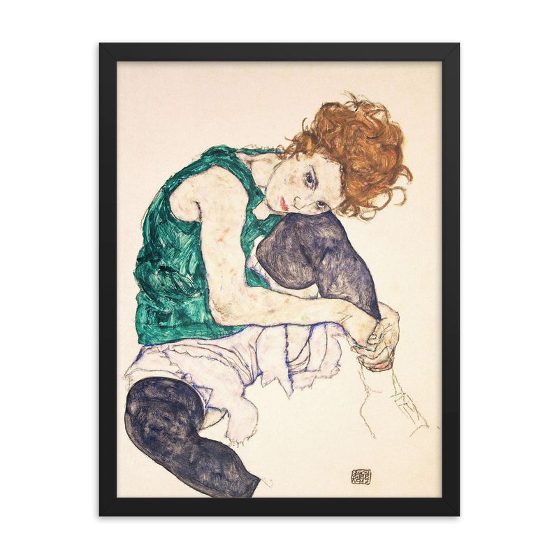Seated Woman with Bent Knee by Egon Schiele framed print on a plain backdrop in size 18