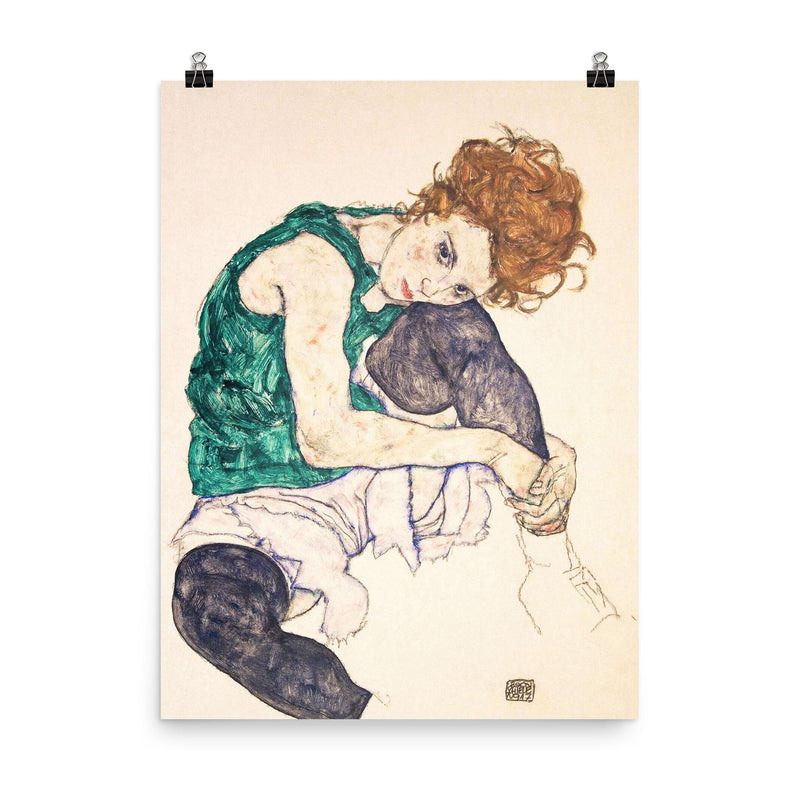 Seated Woman with Bent Knee by Egon Schiele poster on a plain backdrop in size 8