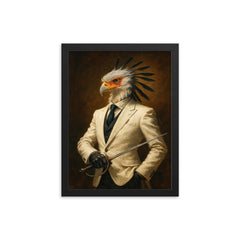 Secretary bird duelist in tailored white suit framed print on a plain backdrop in size 12"x16".