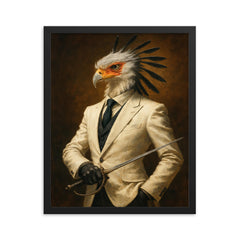 Secretary bird duelist in tailored white suit framed print on a plain backdrop in size 16"x20".