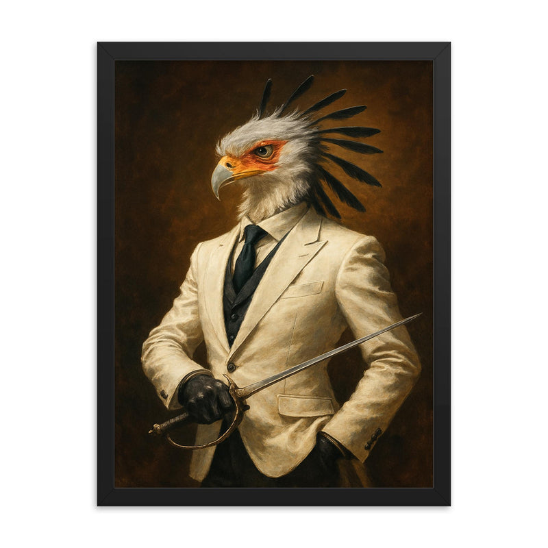 Secretary bird duelist in tailored white suit framed print on a plain backdrop in size 18