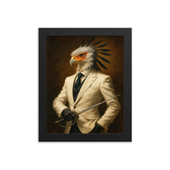 Secretary bird duelist in tailored white suit framed print on a plain backdrop in size 8"x10".