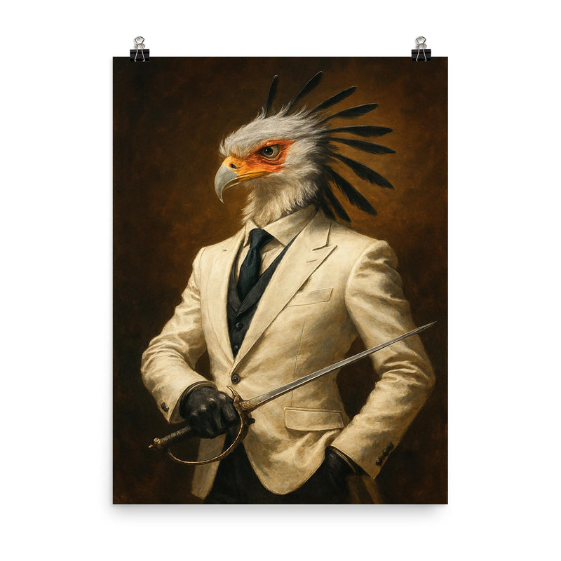 Secretary bird duelist in tailored white suit poster on a plain backdrop in size 8
