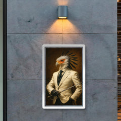 Secretary bird duelist in tailored white suit poster 2