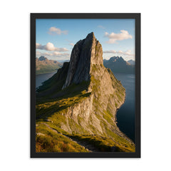 Segla Peak Senja Norway framed print on a plain backdrop in size 18"x24".