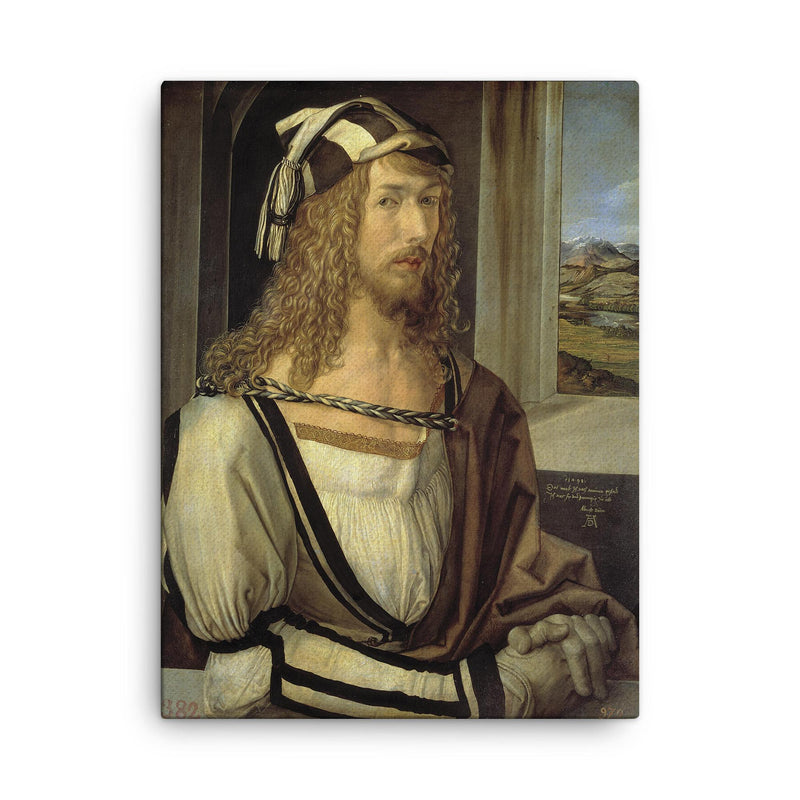 Self-Portrait by Albrecht Dürer, 1498, Museo del Prado, Madrid canvas print on a plain backdrop in size 18