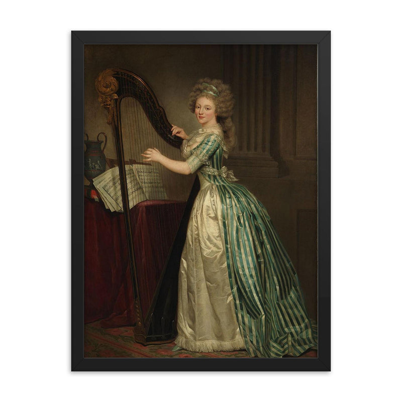 Self-Portrait with a Harp by Rose-Adélaïde Ducreux framed print on a plain backdrop in size 18
