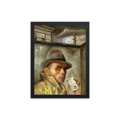 Self-Portrait with Jewish Identity Card by Felix Nussbaum, 1943 framed print on a plain backdrop in size 12"x16".