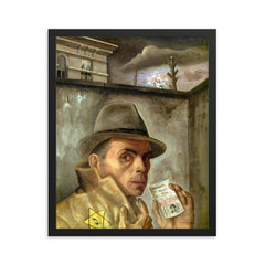 Self-Portrait with Jewish Identity Card by Felix Nussbaum, 1943 framed print on a plain backdrop in size 16"x20".