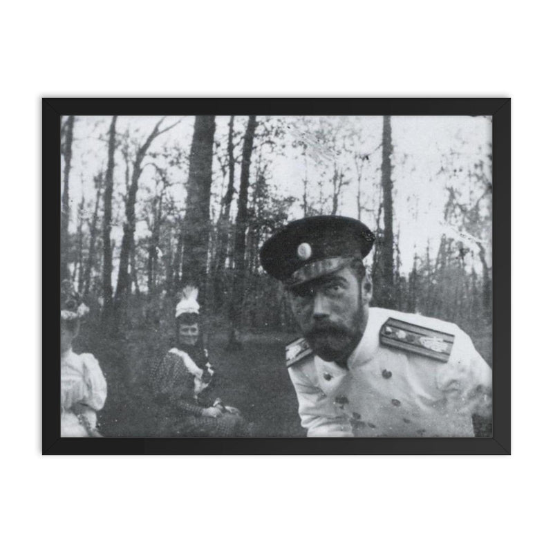 Selfie of Emperor Nicholas II framed print on a plain backdrop in size 18