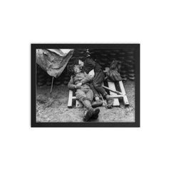 Serbian Soldier Sleeping with Father on the Front Line Near Belgrade, 1914-1915 framed print on a plain backdrop in size 12"x16".