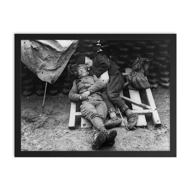 Serbian Soldier Sleeping with Father on the Front Line Near Belgrade, 1914-1915 framed print on a plain backdrop in size 18