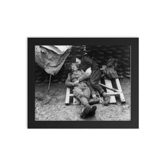 Serbian Soldier Sleeping with Father on the Front Line Near Belgrade, 1914-1915 framed print on a plain backdrop in size 8"x10".