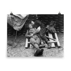Serbian Soldier Sleeping with Father on the Front Line Near Belgrade, 1914-1915 poster on a plain backdrop in size 8"x10".