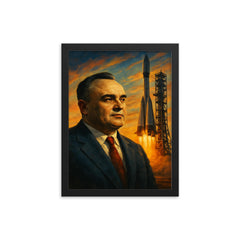 Sergei Korolev behind launch tower dawn framed print on a plain backdrop in size 12"x16".