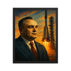 Sergei Korolev behind launch tower dawn framed print on a plain backdrop in size 16"x20".