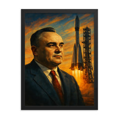 Sergei Korolev behind launch tower dawn framed print on a plain backdrop in size 18"x24".