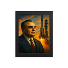 Sergei Korolev behind launch tower dawn framed print on a plain backdrop in size 8"x10".