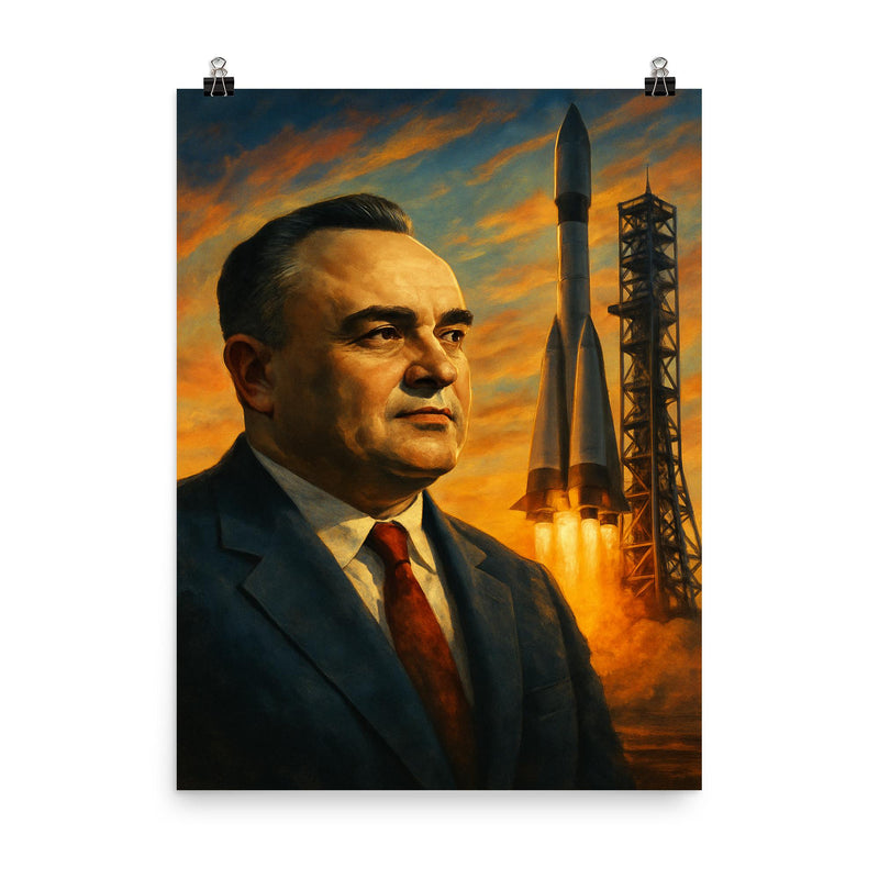 Sergei Korolev behind launch tower dawn poster on a plain backdrop in size 8