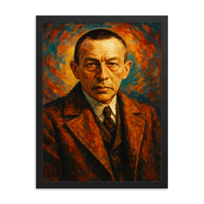 Sergei Rachmaninoff framed print on a plain backdrop in size 18