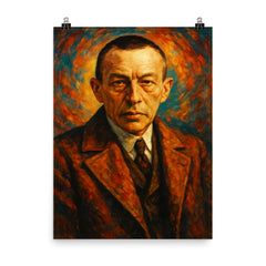 Sergei Rachmaninoff poster on a plain backdrop in size 8"x10".
