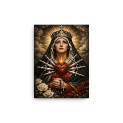 Seven sorrows Mater Dolorosa with silver blades canvas print on a plain backdrop in size 12"x16".