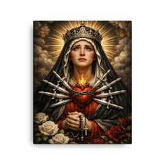 Seven sorrows Mater Dolorosa with silver blades canvas print on a plain backdrop in size 16"x20".