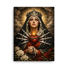 Seven sorrows Mater Dolorosa with silver blades canvas print on a plain backdrop in size 18"x24".
